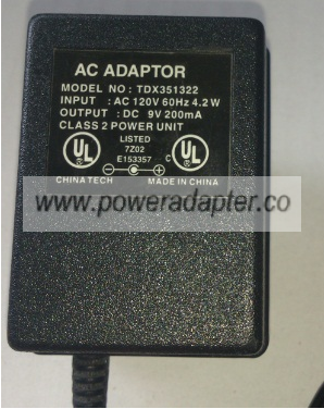 TDX351322 AC ADAPTER 9VDC 200mA USED 2 x 5.5 x 13mm